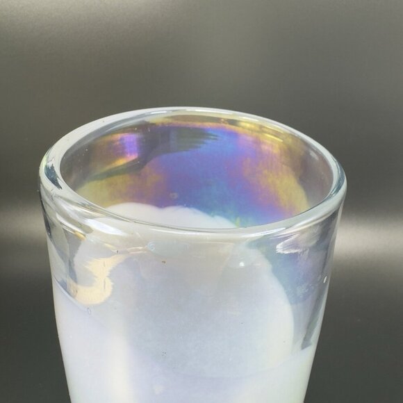 Heavy Art Glass Vase Vessel White Iridescent Finish Multicolor Glass Vase Decor - Picture 5 of 15